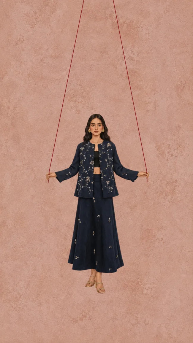 A midnight blue ensemble as a marionette on strings